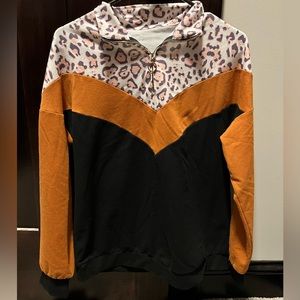 Ladies Quarter Zip Animal Print, Black/Brown, Long Sleeve, Size Small